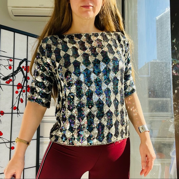 Anthropologie Anishkumar Sequin Crop Short Sleeve Chess Board Pattern Bugles Top - Picture 8 of 11